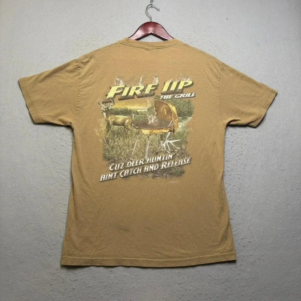 Buck Wear T Shirt Mens Large Brown Fire Up The Grill Deer Hunting Vintage 90s